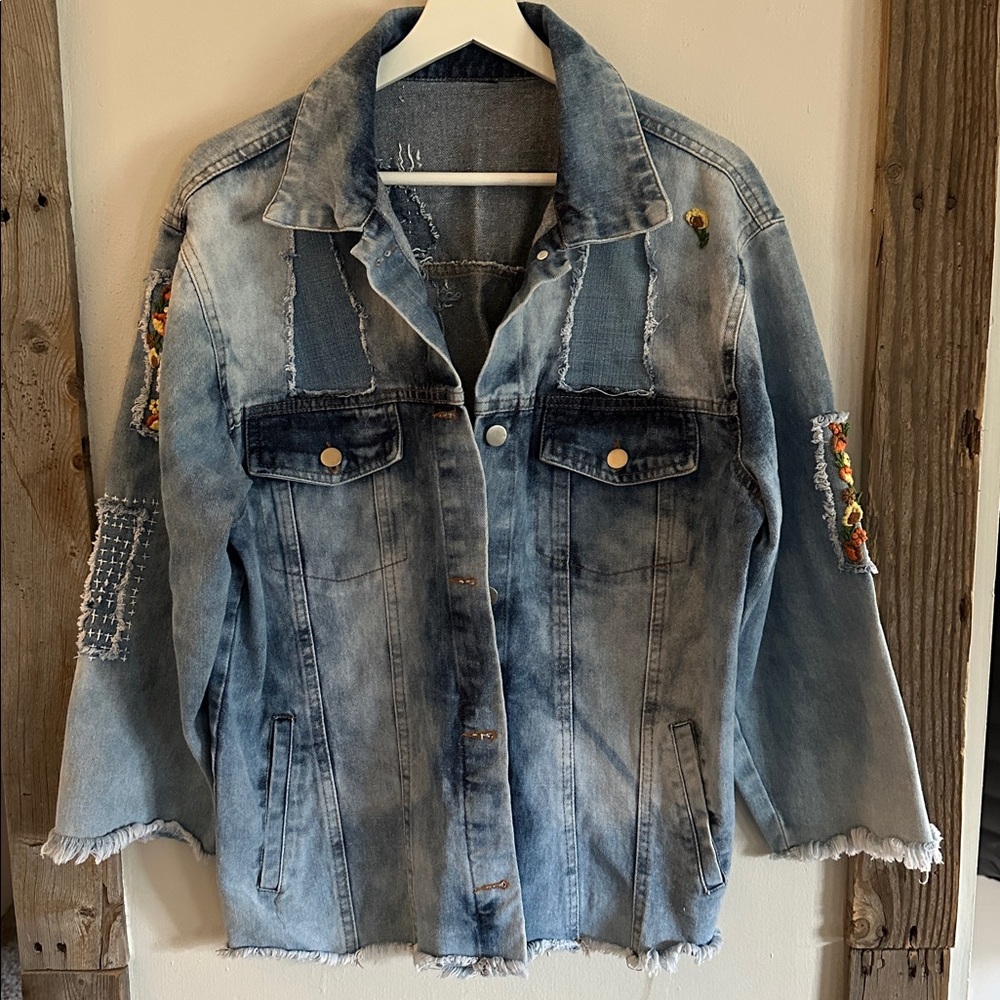 Artistically Embroidered Restyled Blue Jean Jacket